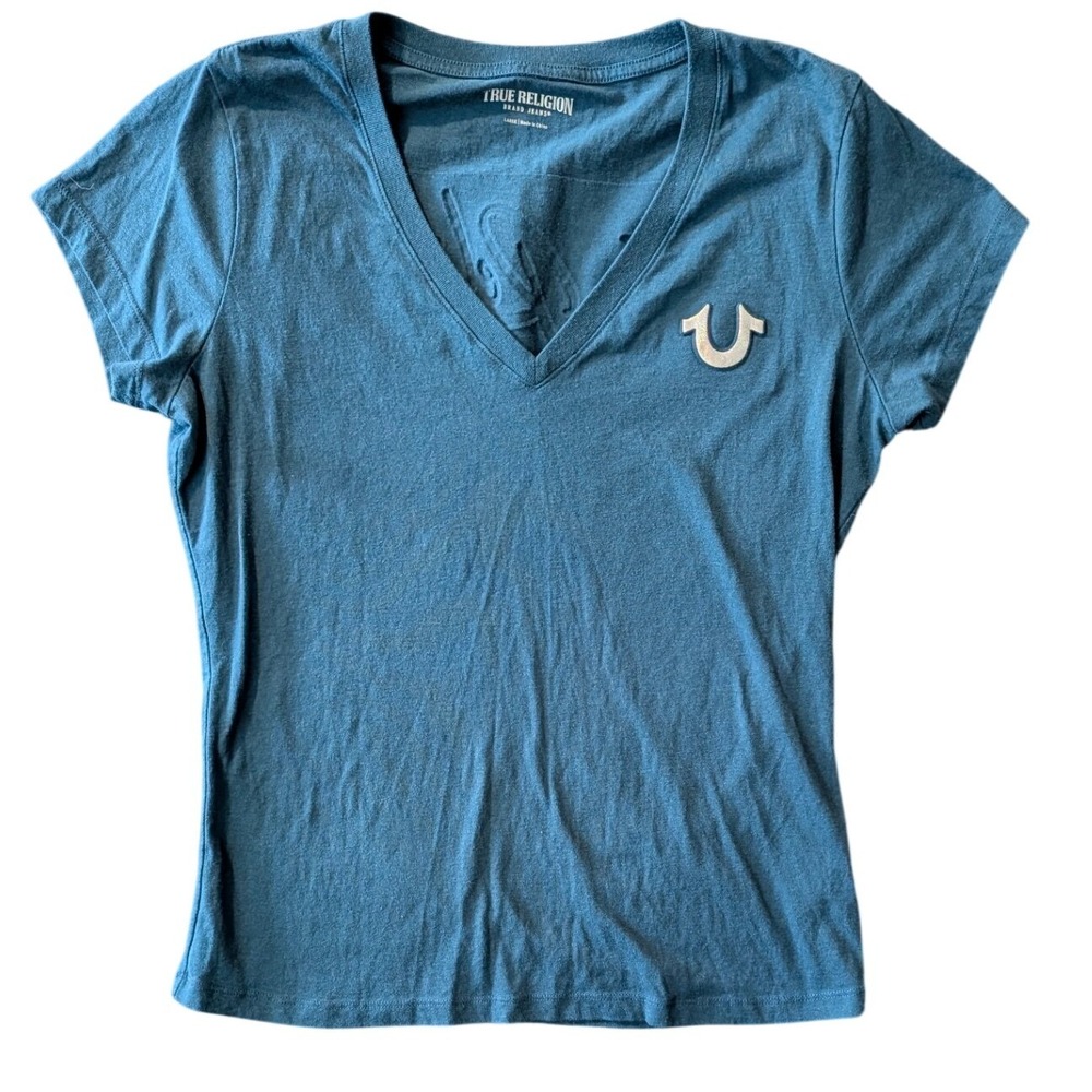 True Religion Womens L V-Neck Slim Fit Graphic Tee Teal Blue Holographic Logo